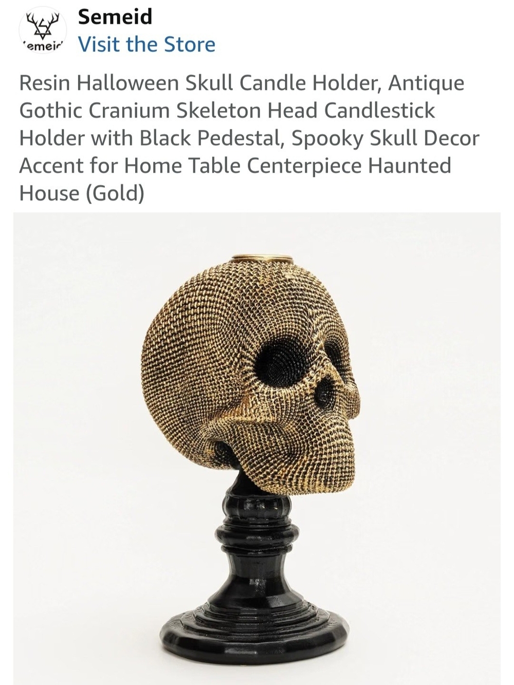 Gold Skull Candle Holder on Black Pedestal, Halloween